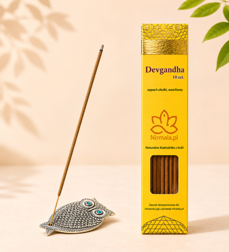 Podstawka Sowa + Devgandha — Metalowa podstawka w kształcie sowy (13x8 cm) i naturalne kadzidełka Devgandha — świeży