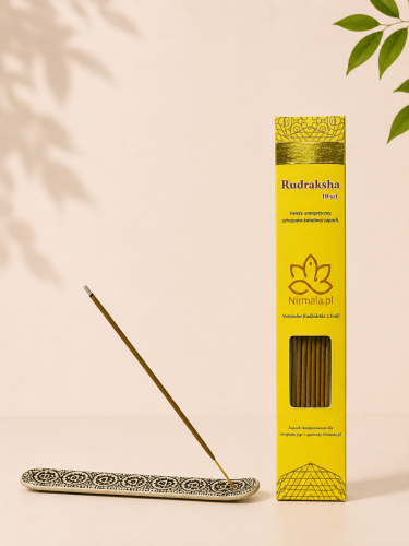 Podstawka Czakra + Rudraksha — Metalowa podstawka z symbolami czakr (23 cm) i naturalne kadzidełka Rudraksha z Indii