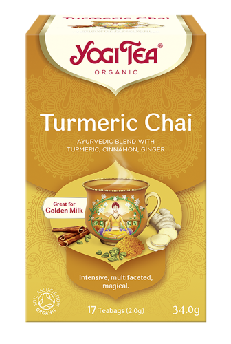 Yogi Tea Turmeric Chai – ajurwedyjska herbata BIO z kurkumą i cynamonem, idealna do Golden Milk, 17 torebek — Złocisty