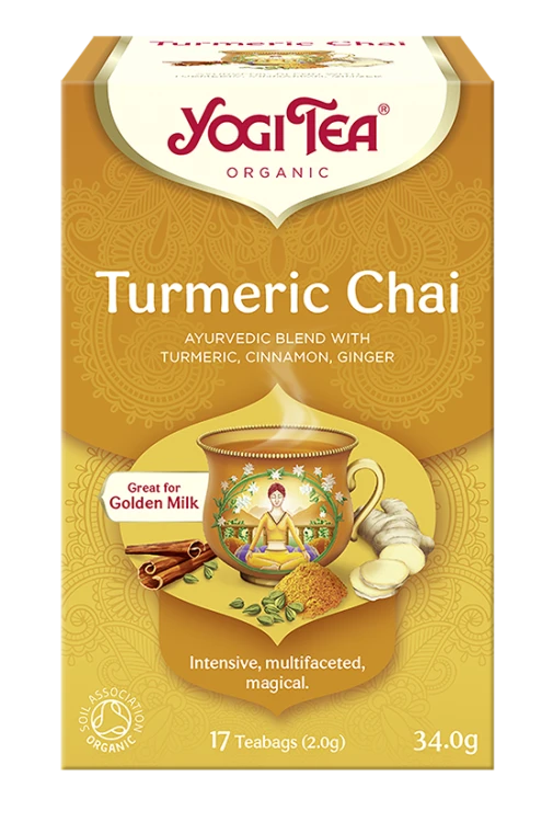 Yogi Tea Turmeric Chai – ajurwedyjska herbata BIO z kurkumą i cynamonem, idealna do Golden Milk, 17 torebek — Złocisty