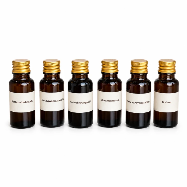 Zestaw 6 olejków ajurwedyjskich (6 x 20 ml) — Zestaw sześciu klasycznych olejków ajurwedyjskich w formacie próbnym 20 ml