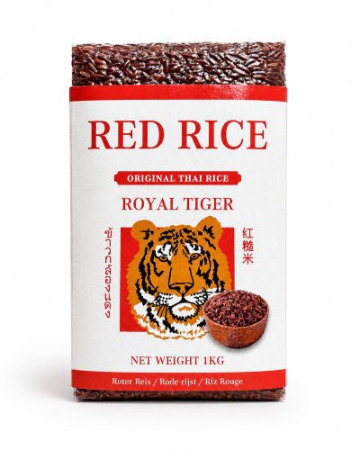 Ryż czerwony Red Rice Royal Tiger 1 kg — Oryginalny tajski ryż czerwony Royal Tiger — pełnoziarnisty, niepolerowany, o