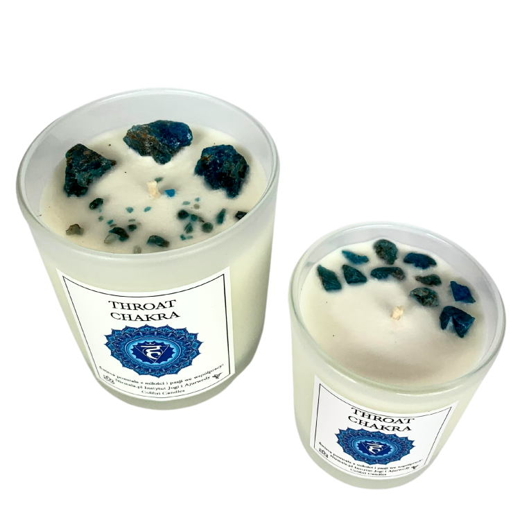 Świeca czakra gardła – Throat Chakra — 100% naturalna świeca z zastosowaniem olejków eterycznych i minerałów