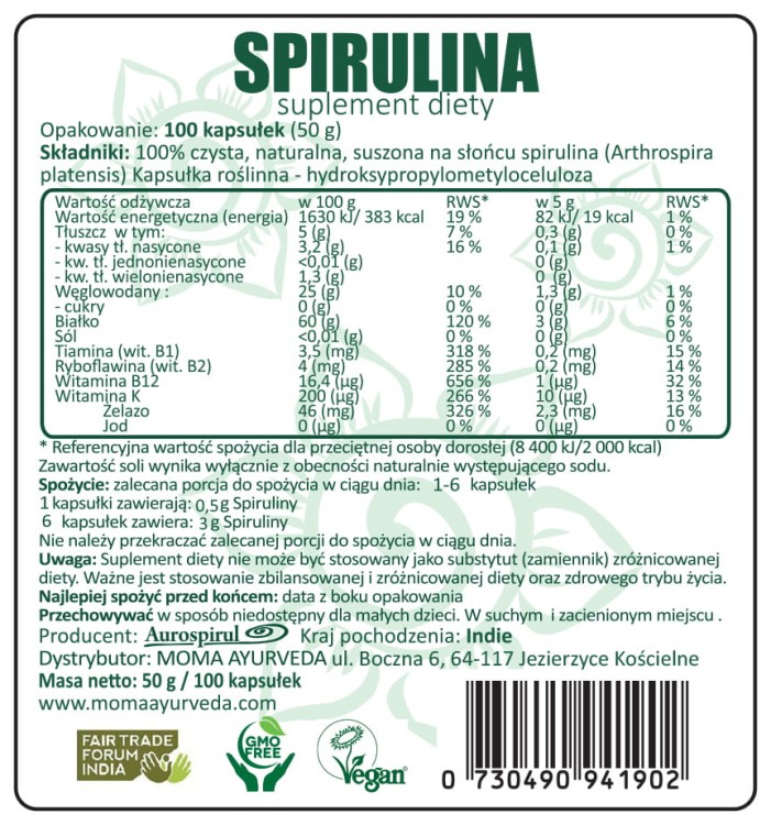 Spirulina 100 kaps. 50 g — Spirulina (Arthrospira platensis) jest jedną z najstarszych form życia na naszej planecie
