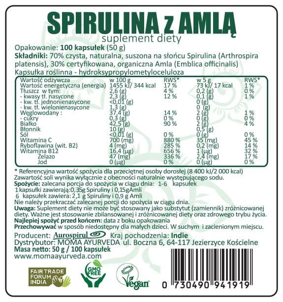 Spirulina z Amlą 100 kaps. 50 g — AMLA ( Emblica Officinalis ), zwana także Amalaki, to owoc o właściwościach odżywczych