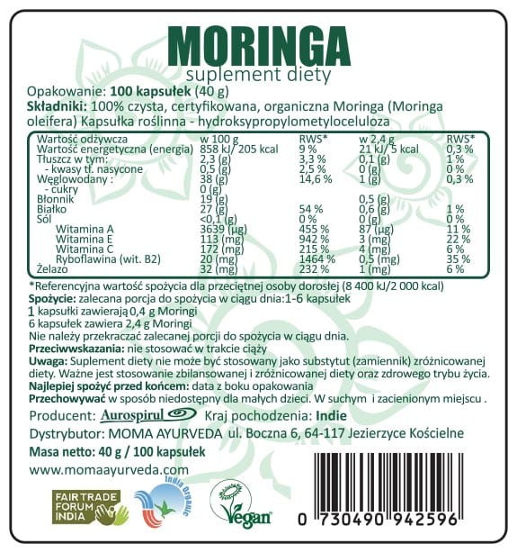 Moringa 100 kaps. 40 g — Moringa ( Moringa oleifera ) zwana „drzewem długowieczności” to gatunek drzewa tropikalnego