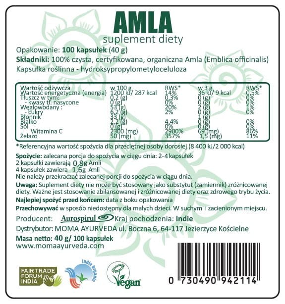 Amla 100 kaps. 50 g — Amla ( Emblica Officinalis ), zwana także Amalaki, to owoc o właściwościach odżywczych i silnie