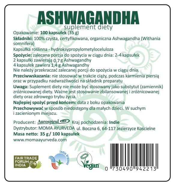 Ashwagandha 100 kaps. 35 g — Ashwagandha (Withania somnifera) zwana także indyjskim żeń-szeniem, jest jednym z