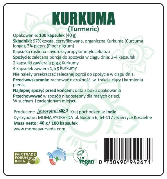 Kurkuma 100 kaps. 40 g — Kurkuma ( Curcuma longa ) / Turmeric często jest określana jako „królowa przypraw” o