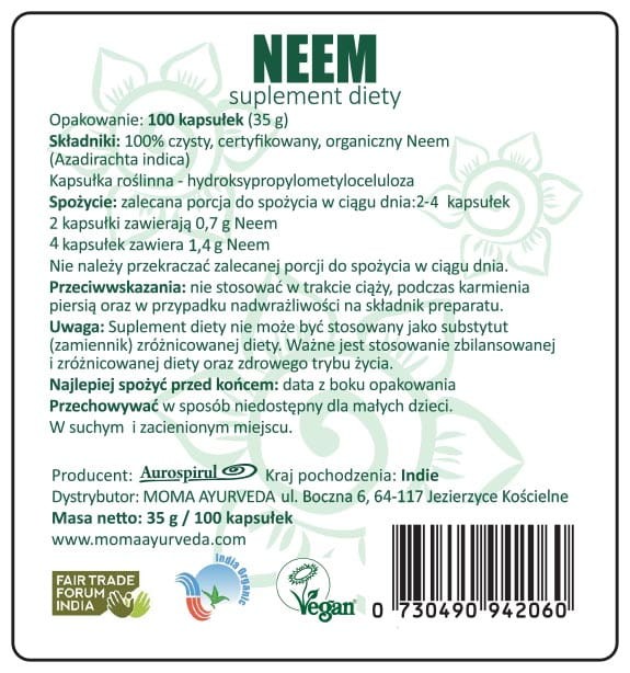 Neem 100 kaps. 35 g — Neem ( Azadirachta indica ), zwany również miodłą indyjską to roślina szczególnie dedykowana osobom