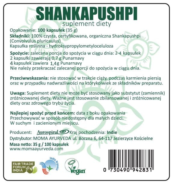 Shankapushpi 100 kaps. 35 g — Shankapushpi wspomaga głównie układ nerwowy, pamięć i koncentrację, myślenie i zapamiętywanie
