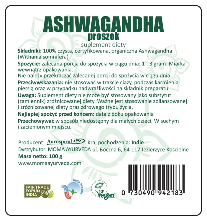 Ashwagandha proszek 100 g — Ashwagandha (Withania somnifera) zwana także indyjskim żeń-szeniem, jest jednym z najbardziej