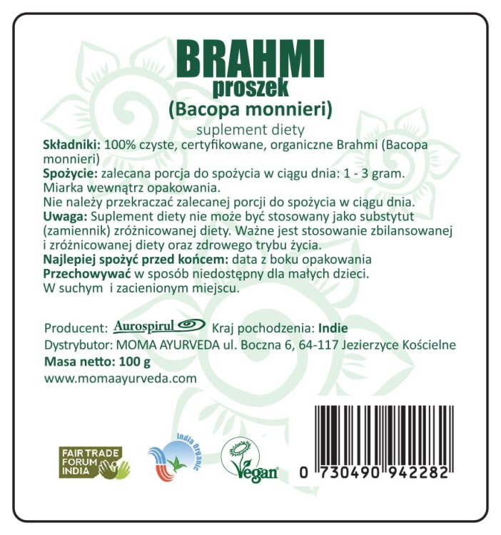 Brahmi proszek 100 g — Bacopa monnieri znane w sanskrycie jako BRAHMI jest synonimem inteligencji i wiedzy