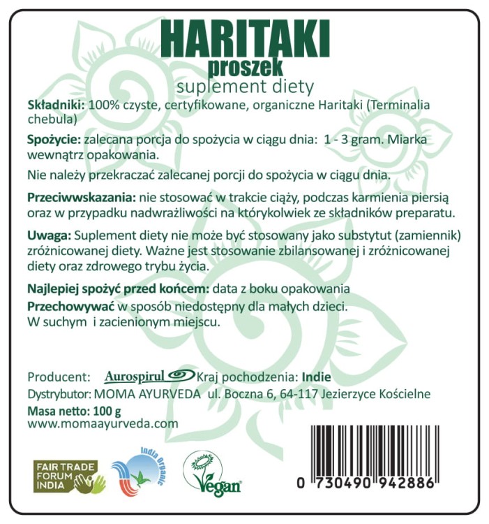 Haritaki proszek 100 g — Haritaki działa przeciwwirusowo, przeciwbakteryjnie, odtruwająco i przeciwalergicznie