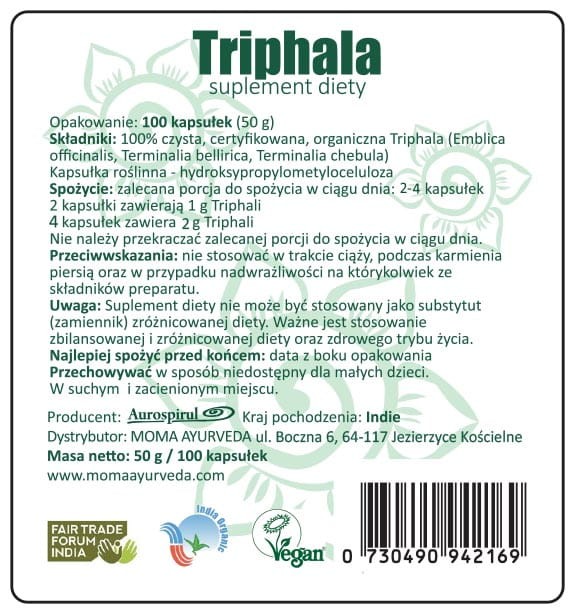 Triphala 100 kaps. 50 g — Triphala jest ajurwedyjską mieszanką trzech owoców: Amla ( Emblica Officinalis ), Bibhitaki (
