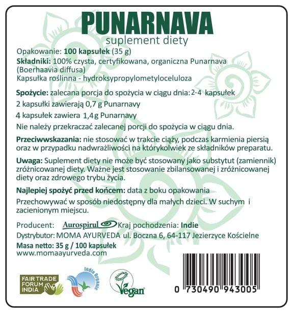Punarnava 100 kaps. 35 g — Punarnava wspiera przede wszystkim układ moczowy, nerki oraz stawy