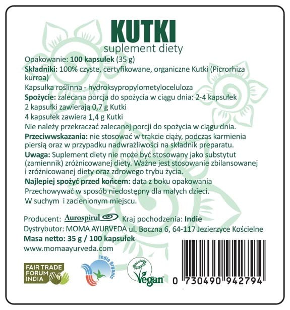 Kutki 100 kaps. 35 g — Kutki ( Picrorhiza kurroa ) w ajurwedzie znane jest z dobroczynnego działania na wątrobę i śledzionę